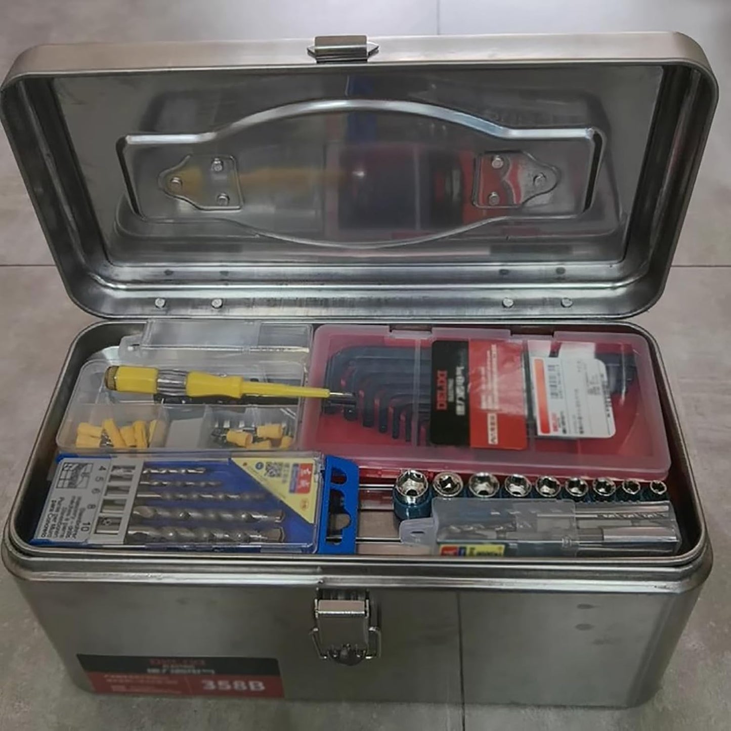 Boîte à Outils Portable En Acier Inoxydable Avec Serrure, Boîte à Outils à 2 Couches Avec Plateau Amovible, Boîte De Rangement De Voiture Avec Poignée Pour Voiture Domestique, Petite Taille