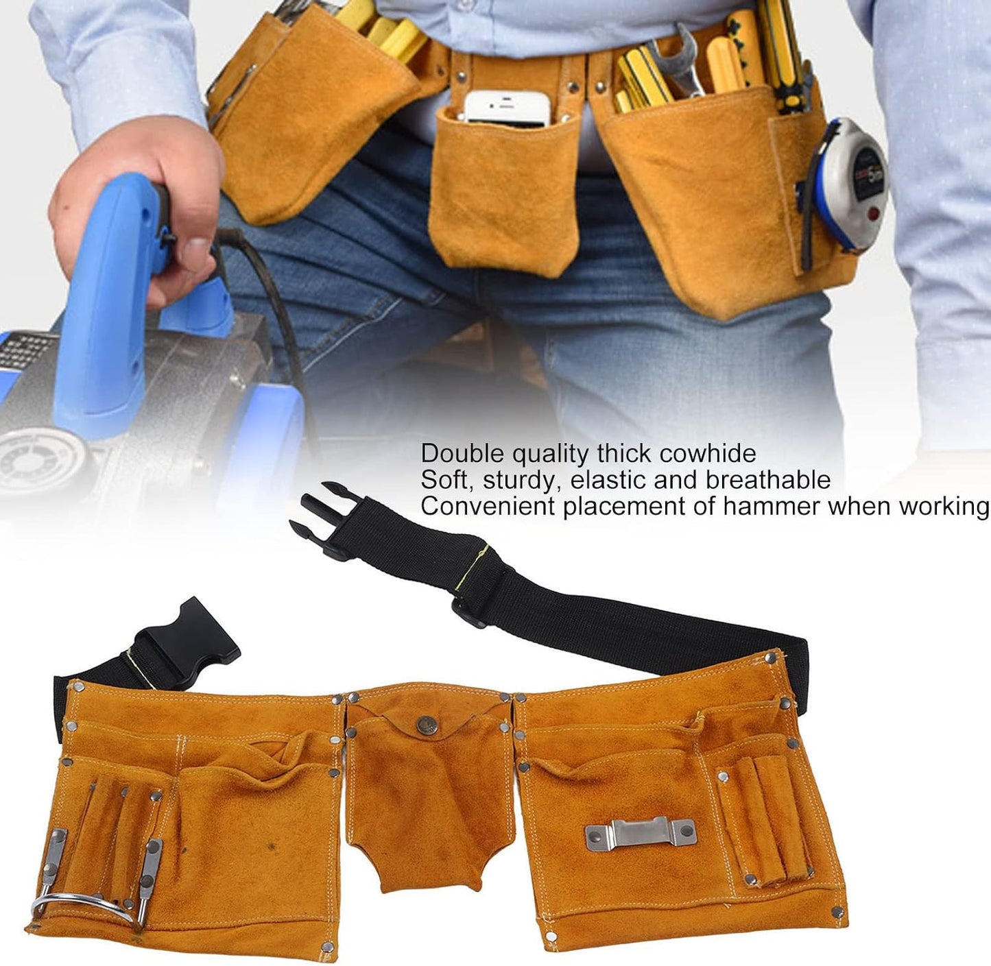 Sac De Ceinture à Outils En Cuir De Vache, Résistant Aux Coupures, Robuste, Respirant, Pochette De Taille Réglable Pour Les Travailleurs D'entretien