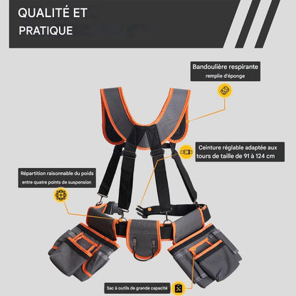  Ceinture à Outils Renforcée - Organisateur De Ceinture Porte-Outils - Ceinturon Réglable Avec Bretelles Et 19 Poches Pour Les Sites De Construction Réparations De Plomberie Installations