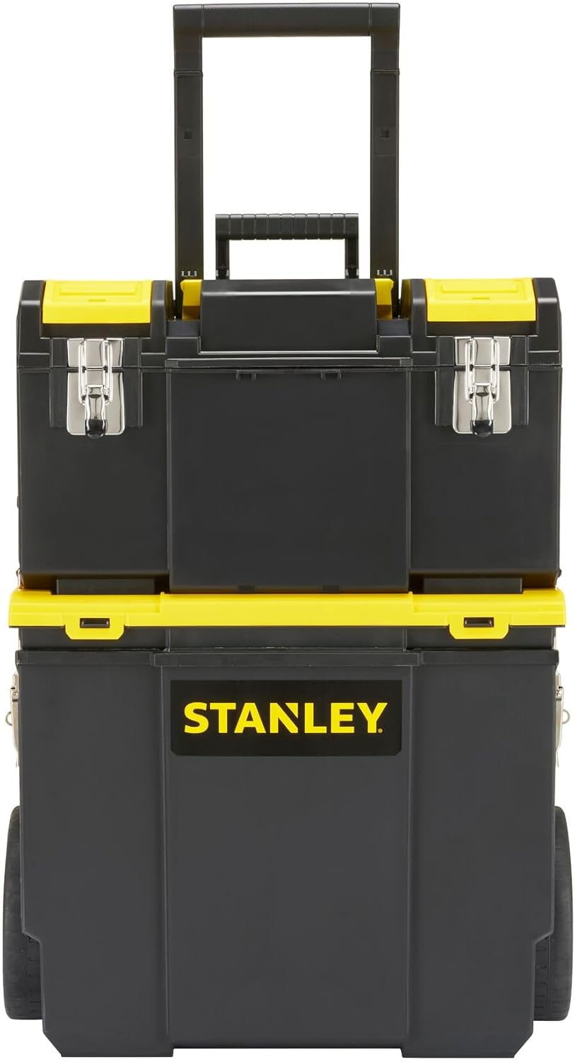  Stanley 1-70-326 Servante Compacte 3 En 1 - Boite À Outils Détachable - 2 Organiseurs Sur Le Couvercle - Bac Pour Électroportatif - Polypropylène Résistant - Poignée Télescopique - 630 X 475 X 284Mm Noir