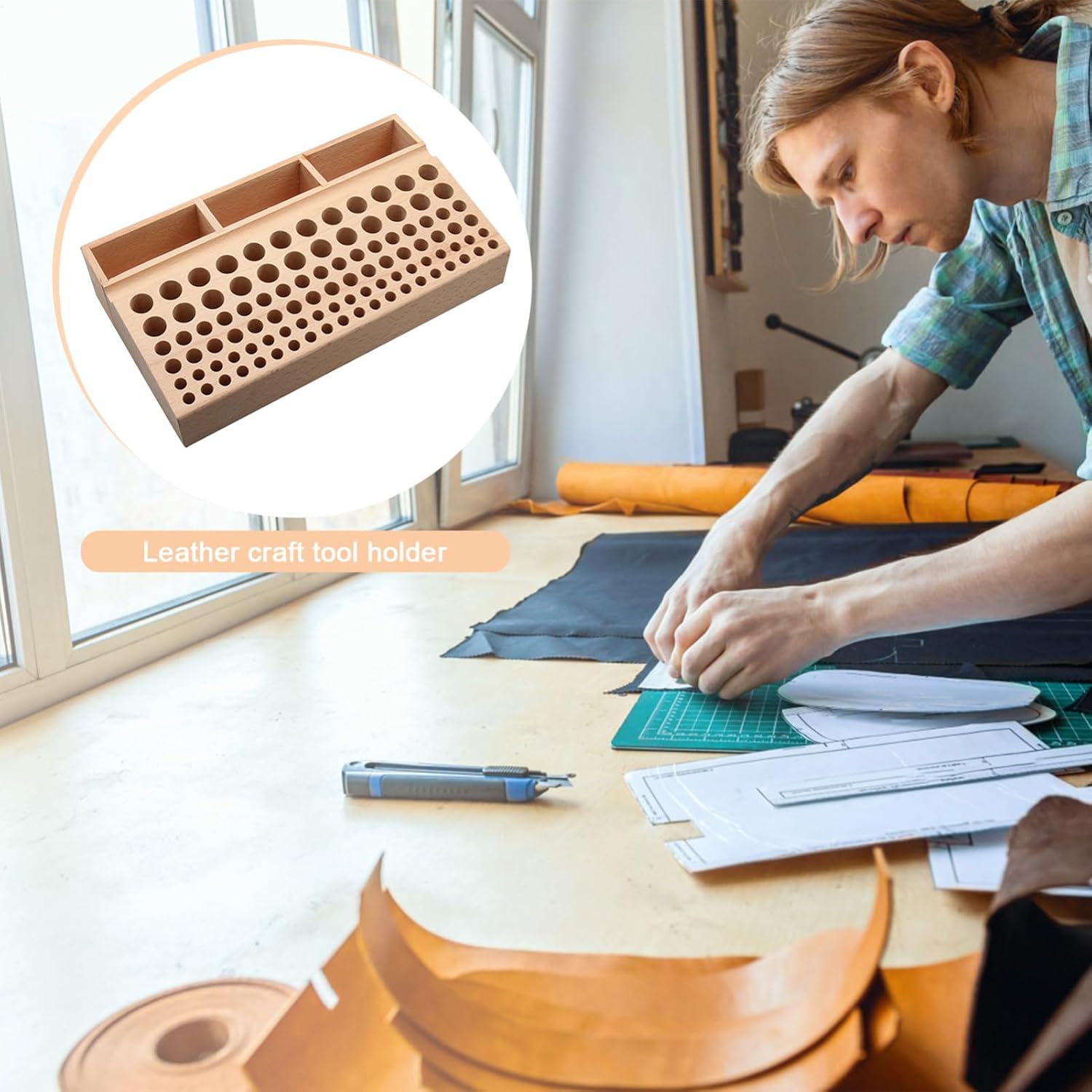  Generisch Support à Outils - Support En Bois De Hêtre Pour De Gaufrage, Boîte De Rangement En Cuir, Pour Travail Du Bois, , Amis, Hommes, Maison, Intérieur Et Pour