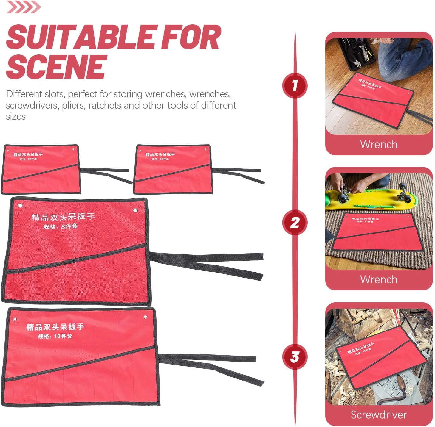  Healvian Pochette De Rangement Pour Outils En Tissu Oxford Rouge, 4 Pièces, Légère Et Facile à Nettoyer, Support Enroulable Pour Boîte à Outils Et Atelier