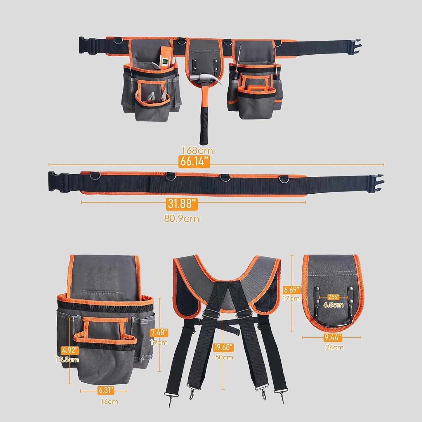  Ceinture à Outils Renforcée - Organisateur De Ceinture Porte-Outils - Ceinturon Réglable Avec Bretelles Et 19 Poches Pour Les Sites De Construction Réparations De Plomberie Installations