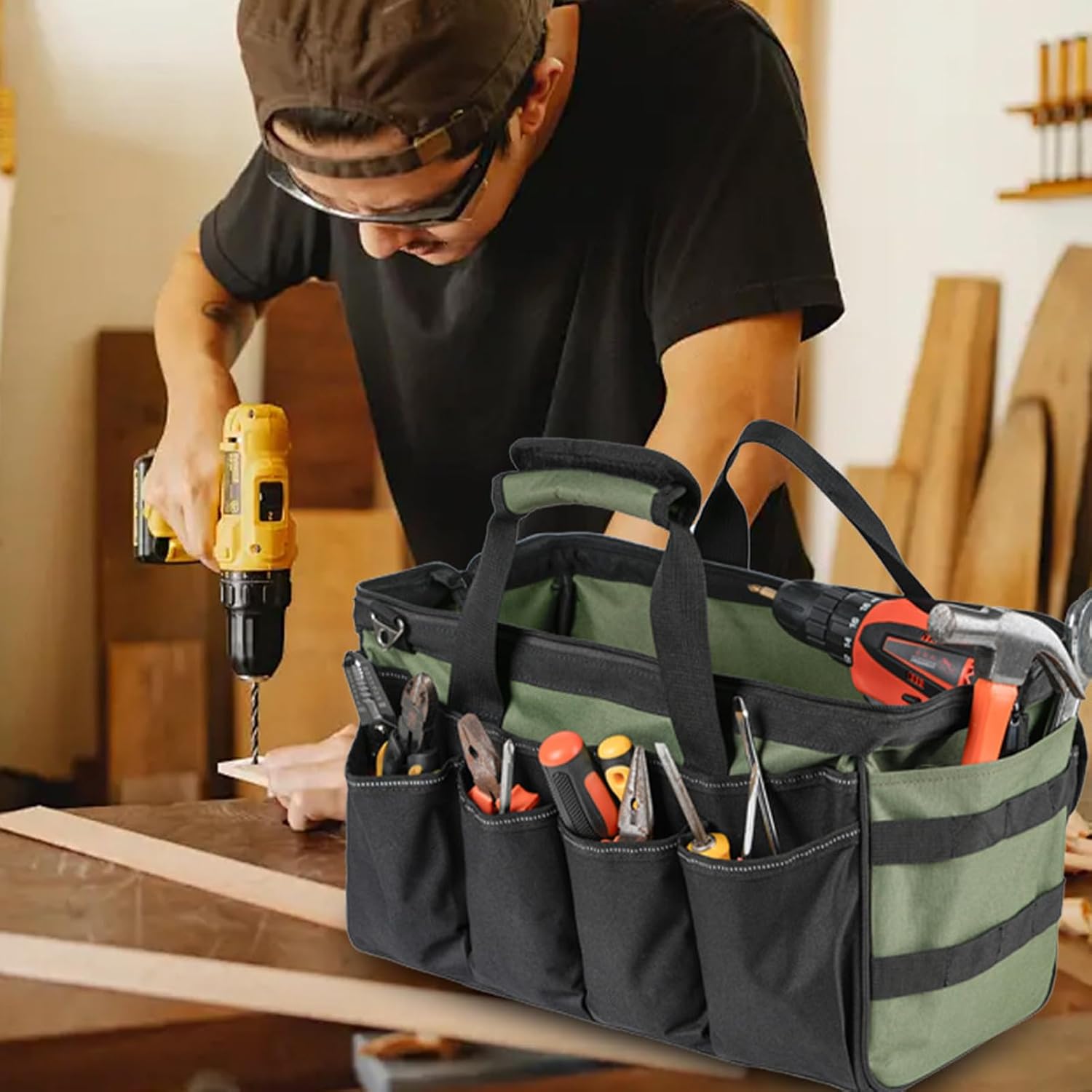 GENERIC Sac à Outils | Sac Fourre-tout Robuste à 16 Poches – Sacs à Outils D'électricien à Large Ouverture – Pour Homme, Mécanicien, électricien, Charpentier, Garage, Voyage, Réparation, Tournevis, Clés