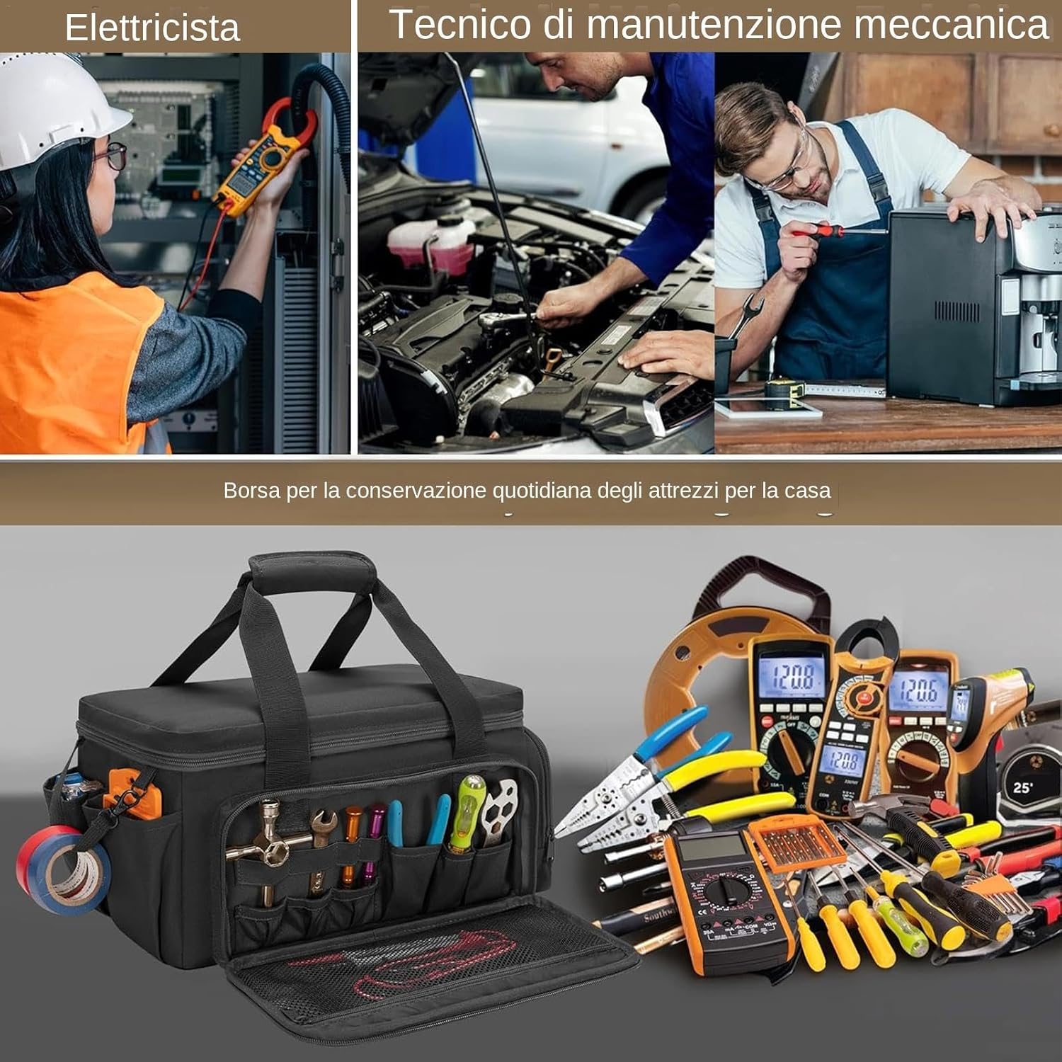 Genérico Tool Bag Organizer, Power Tool Bag, Wide Mouth Tool Bags, Portable 36,6 X 21,6 X 20,6 Cm, 14,41 X 8,5 X 8,11 Pour La Maison, L'atelier Et D'autres Emplois Site Use, Noir, 1 Pièce