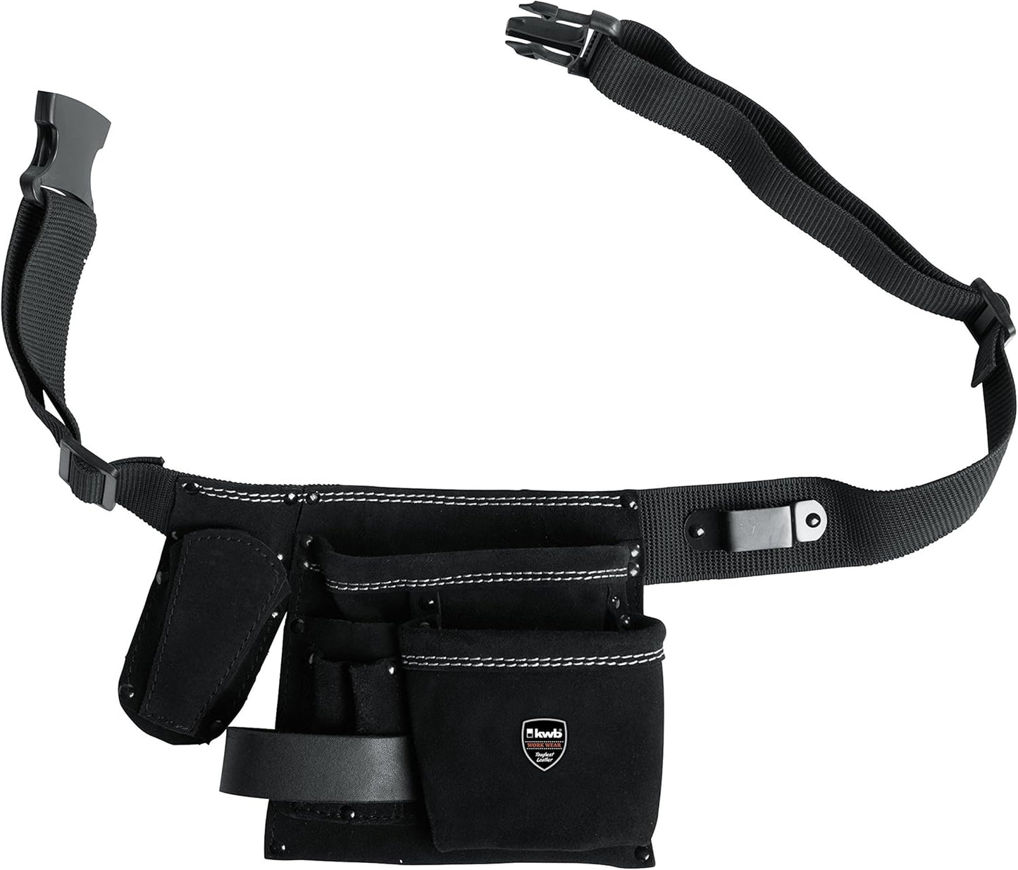  Kwb Sacoche à Outils En Cuir Avec Ceinture - 5 Compartiments, Poche à Clous, Poche à Couteau, Porte Marteau Et Support Pour Mètre Ruban
