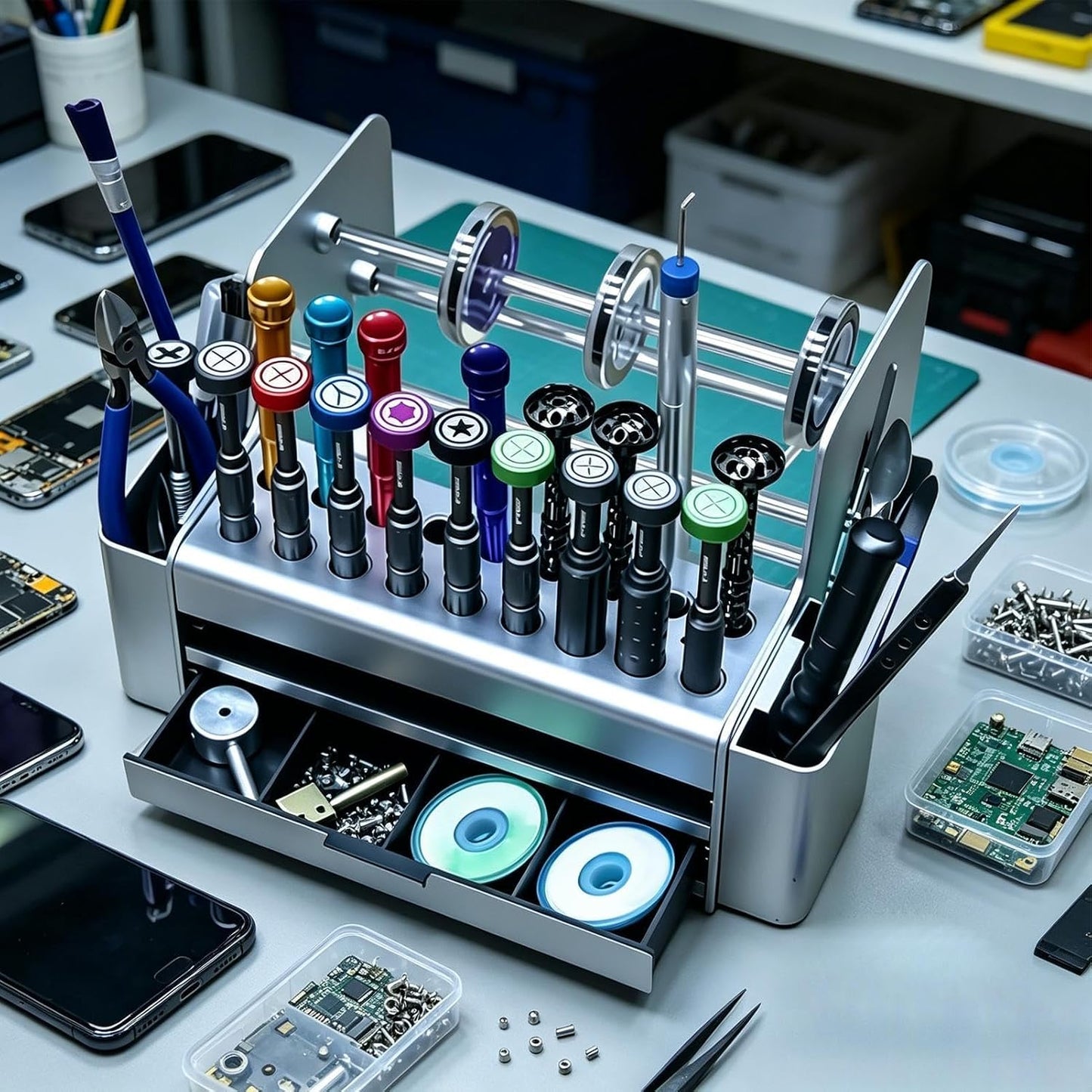  Boîte De Rangement Réparation Téléphone | Avec Tiroir Et Organiseur Gain De Place | Plateau À Outils Réparation Téléphone DIY,pour Tournevis Huile Soudure Cutter Vis Intérieur Bureau Maison Garage