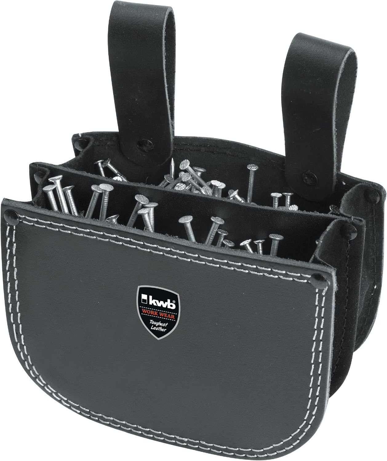  Kwb Sac à Ongles En Cuir Pour Couvreur Avec Deux Compartiments Et Passant De Ceinture Pour Accrocher Dans Un Double Compartiment Noir